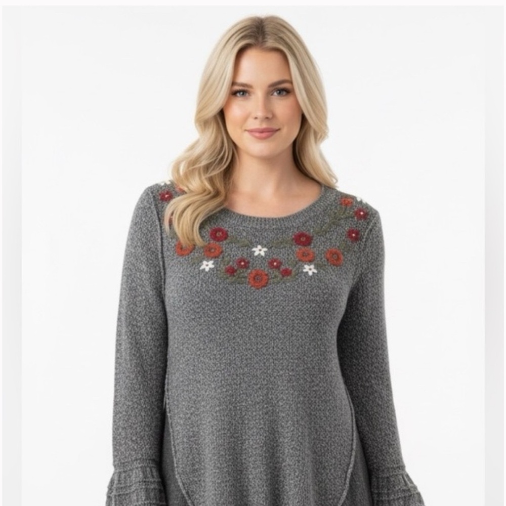 Knox Rose Charcoal Floral Knit Sweater Sz XL Boho Cottage Whimsy